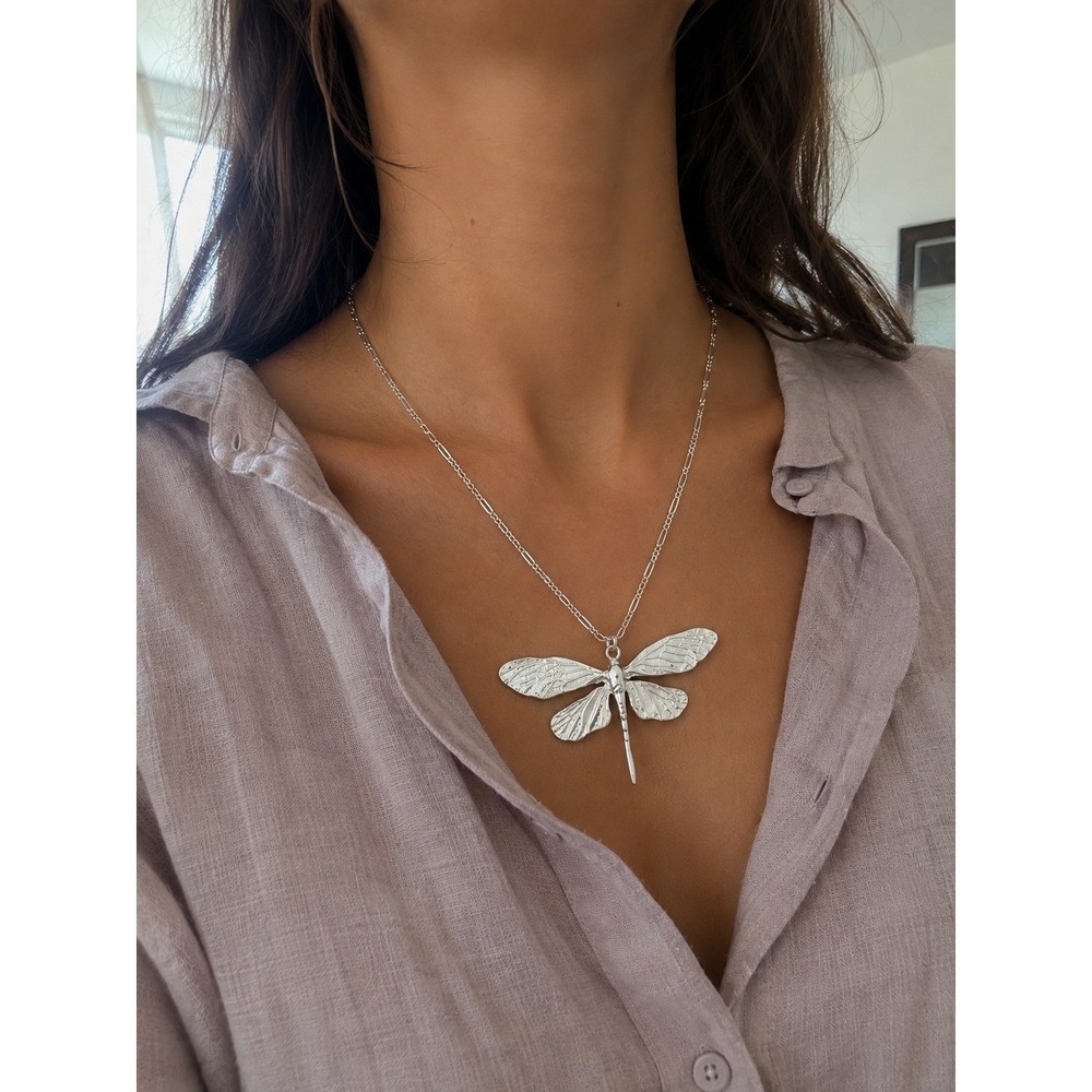 Dragonfly Pendant Necklace Silver Tone Figaro Chain Statement Jewelry‎